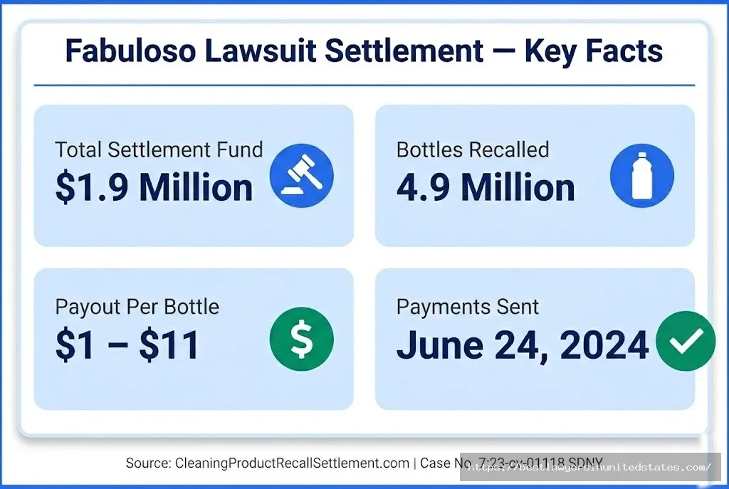 Fabuloso lawsuit overview $1.9M settlement, 4.9M bottles recalled, $1–$11 per bottle, payments sent June 2024