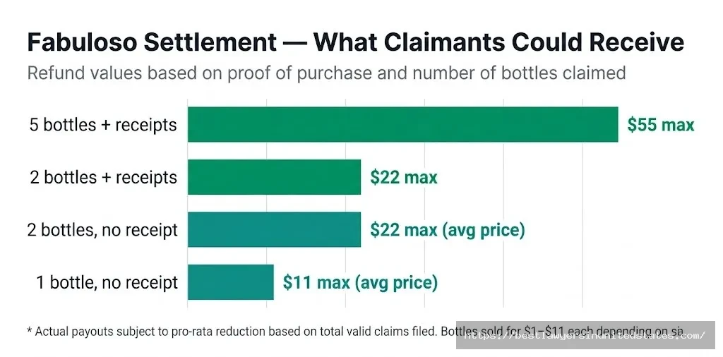 Fabuloso settlement payout chart up to $55 with 5 receipts, $22 for 2 bottles, $11 without proof of purchase.