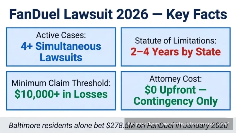 FanDuel lawsuit 2026 overview 4 active cases, 2–4 year filing window, $10K+ loss threshold, no upfront attorney cost