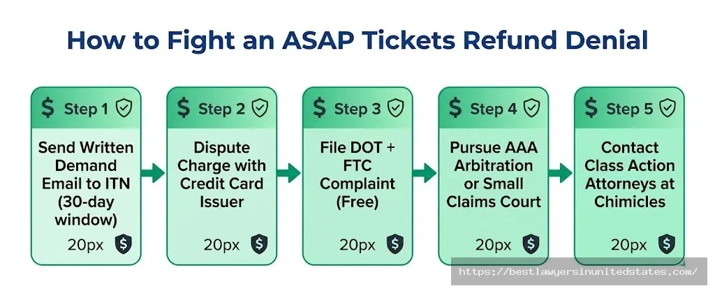 Five-step guide to fighting an ASAP Tickets refund denial demand letter, credit card dispute, FTC complaint, arbitration, class action attorneys