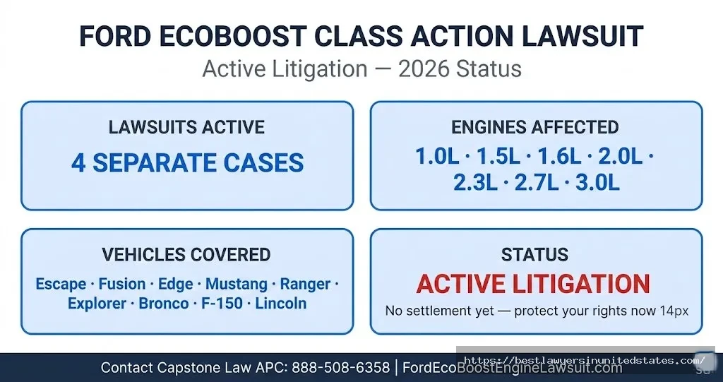 Ford EcoBoost class action lawsuit overview 4 active cases, 7 engine sizes, multiple Ford and Lincoln models affected