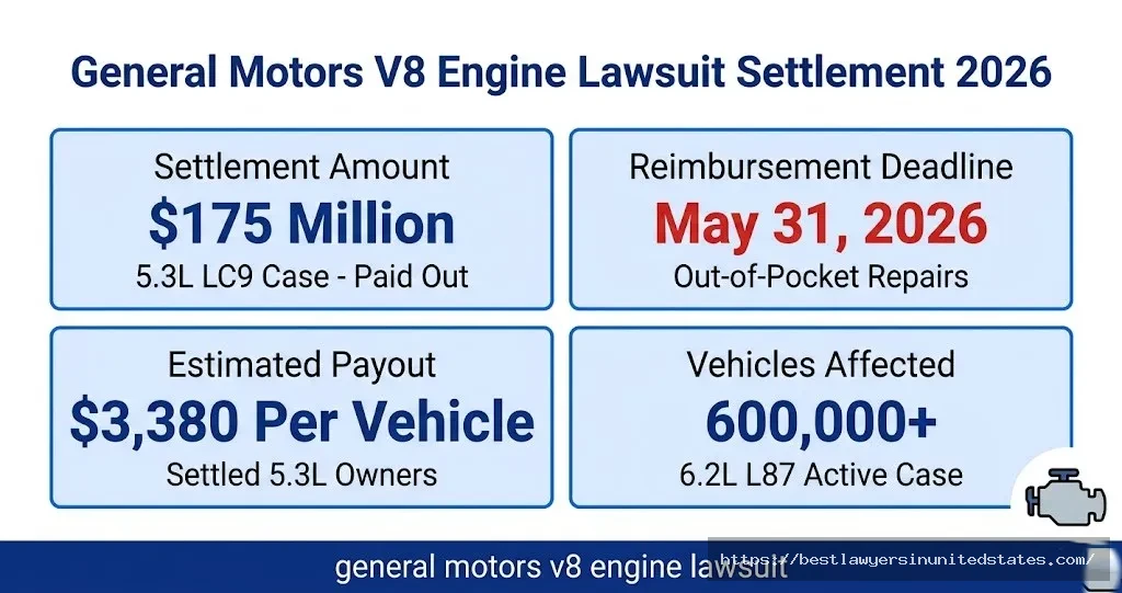 General Motors V8 engine lawsuit overview $175M settlement, May 31 2026 deadline, $3,380 payout, 600,000 vehicles affected