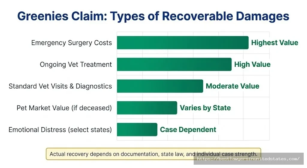 Greenies injury claim recoverable damages chart surgery costs, vet bills, pet value, and emotional distress by type