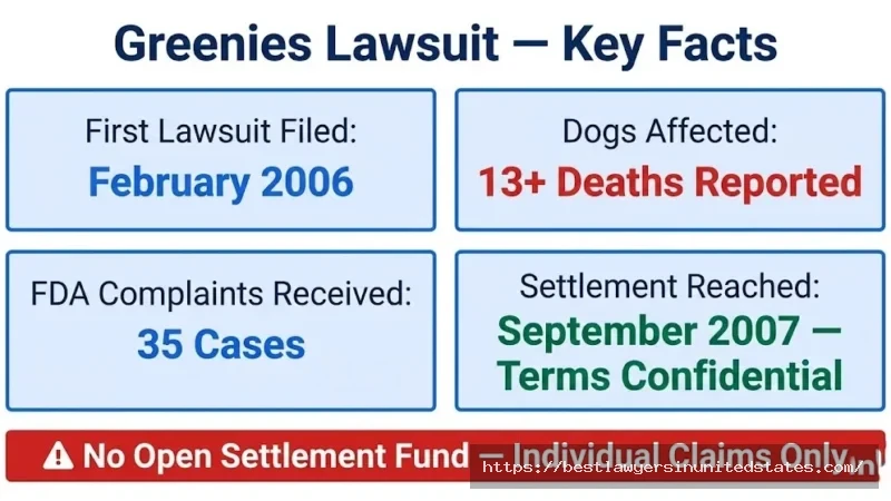 Greenies lawsuit key facts filed 2006, 13+ dog deaths, 35 FDA complaints, confidential 2007 settlement