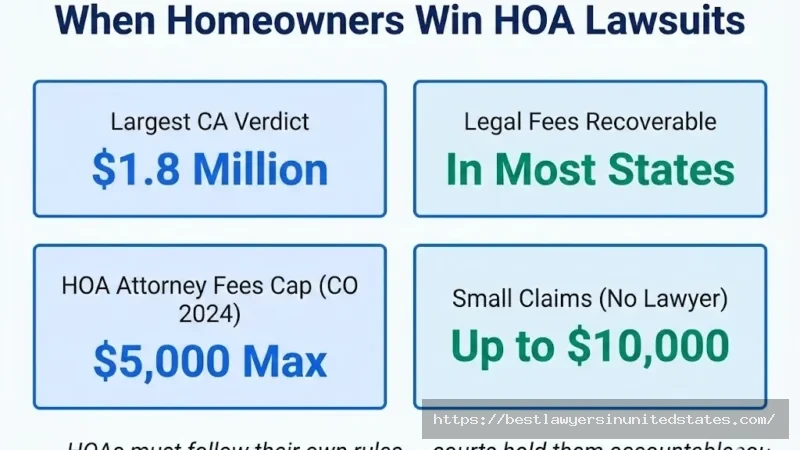 HOA lawsuit outcomes $1.8M CA verdict, attorney fees recoverable, CO $5K fee cap, $10K small claims limit