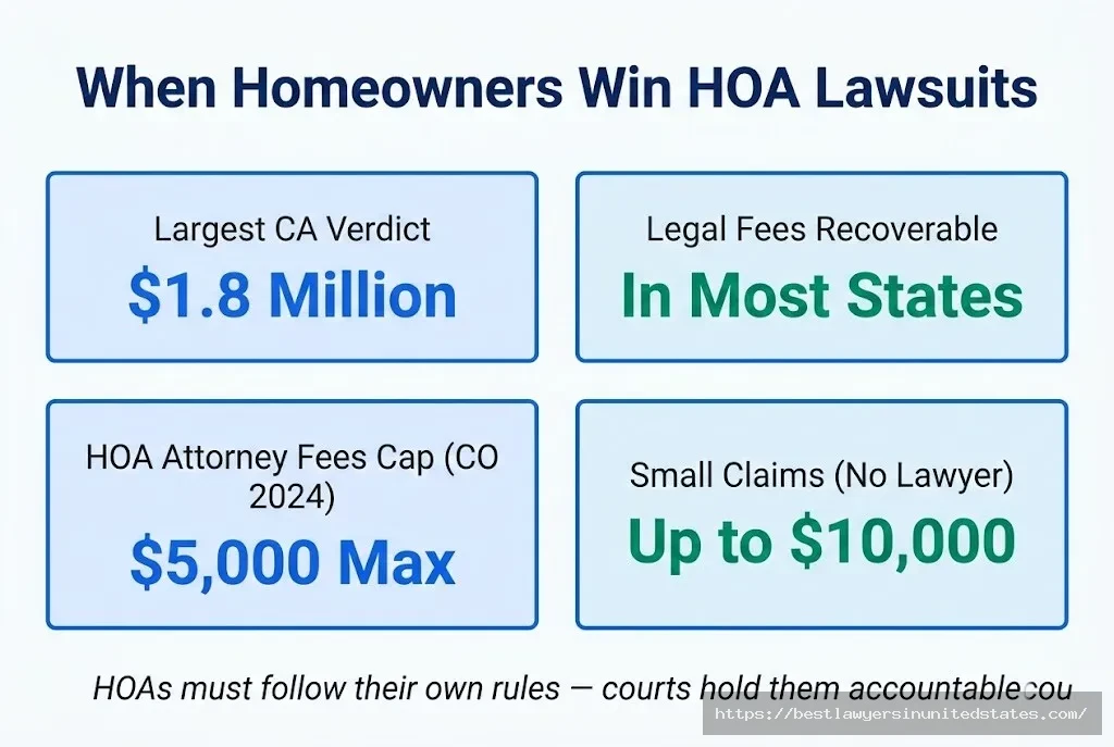 HOA lawsuit outcomes $1.8M CA verdict, attorney fees recoverable, CO $5K fee cap, $10K small claims limit