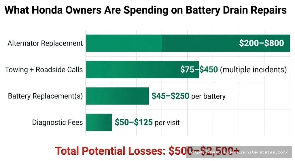 Honda battery drain repair cost breakdown — owners spending $500 to $2,500+ on batteries, alternators, and towing