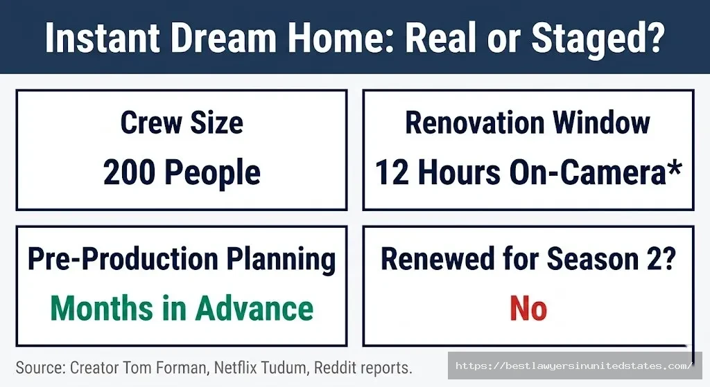 Instant Dream Home fact sheet — 200-person crew, 12-hour shoot, months of pre-planning, not renewed