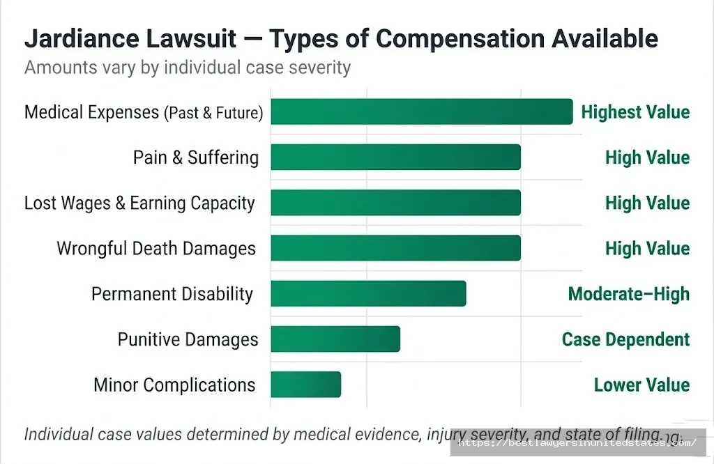 Jardiance lawsuit compensation chart showing 7 damage types from medical costs and pain and suffering to punitive damages