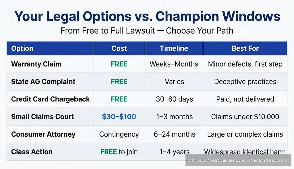 Legal options chart for Champion Windows complaints showing 6 paths from free warranty claim to class action lawsuit