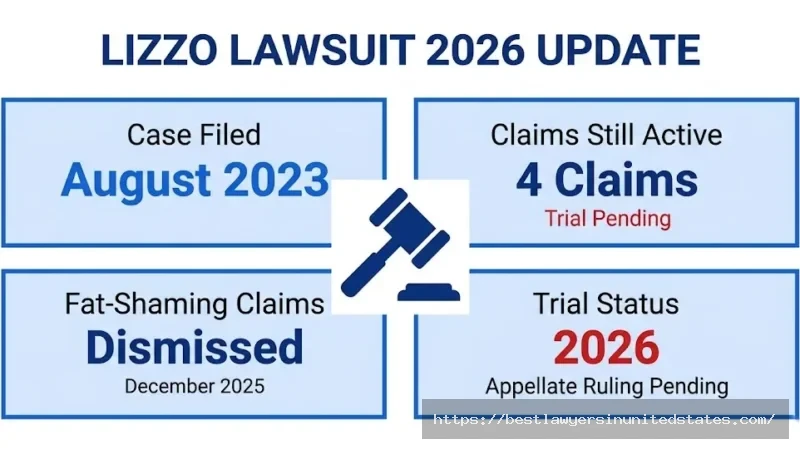 Lizzo lawsuit 2026 update infographic showing 4 active claims, fat-shaming dismissed, trial pending appellate ruling
