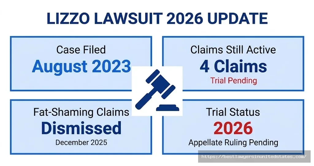Lizzo lawsuit 2026 update infographic showing 4 active claims, fat-shaming dismissed, trial pending appellate ruling