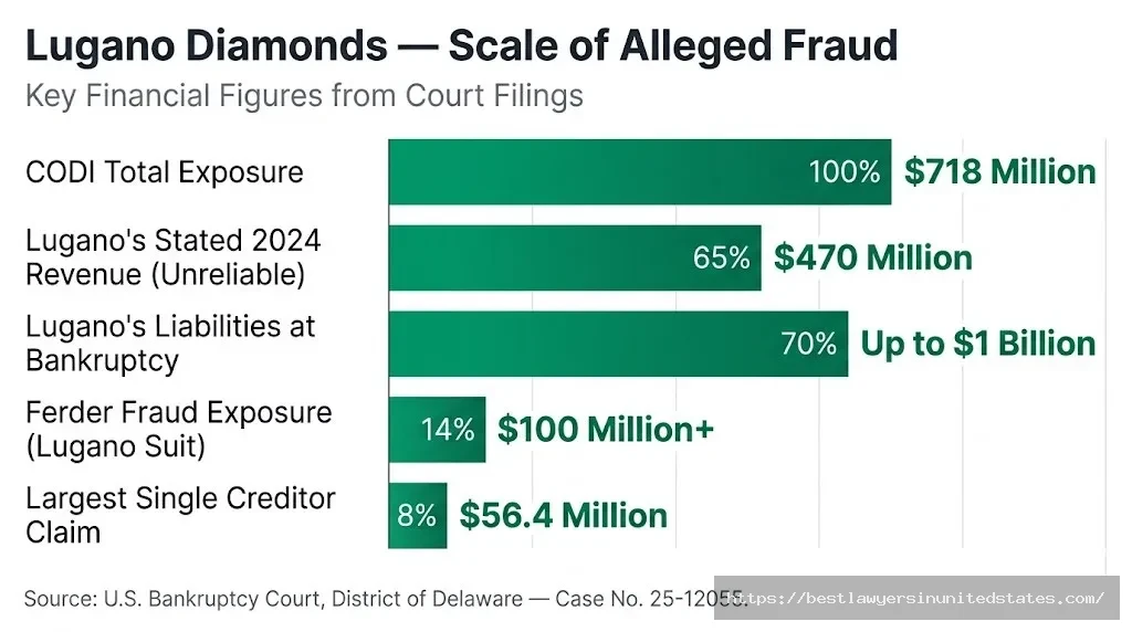 Lugano Diamonds fraud scale chart — $718M CODI exposure, $1B liabilities, $100M+ Ferder lawsuit, $56.4M top creditor claim