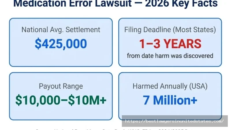 Medication error lawsuit 2026 overview $425K avg settlement, 1–3 yr deadline, $10K–$10M+ payout range