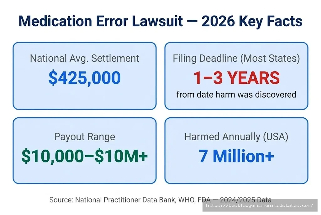 Medication error lawsuit 2026 overview $425K avg settlement, 1–3 yr deadline, $10K–$10M+ payout range