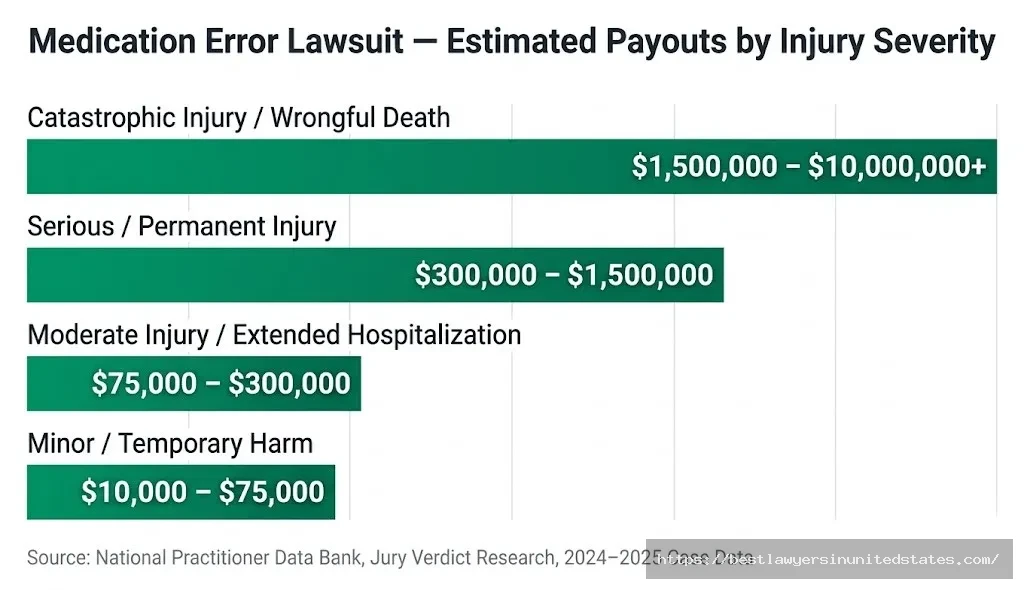 Medication error lawsuit payout chart minor harm $10K–$75K, moderate $75K–$300K, severe up to $10M+