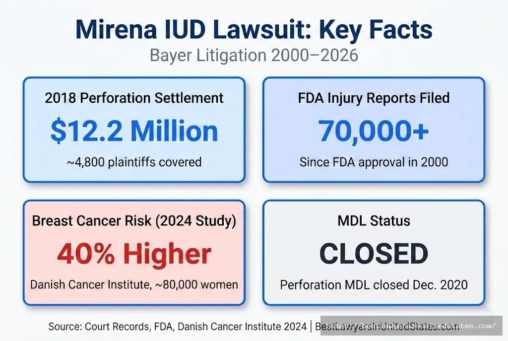 Mirena IUD lawsuit overview $12.2M settlement, 70,000+ FDA reports, 40% breast cancer risk finding