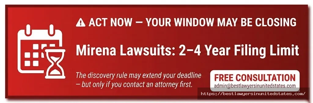 Mirena lawsuit filing window alert — statutes of limitations run 2–4 years; consult an attorney now