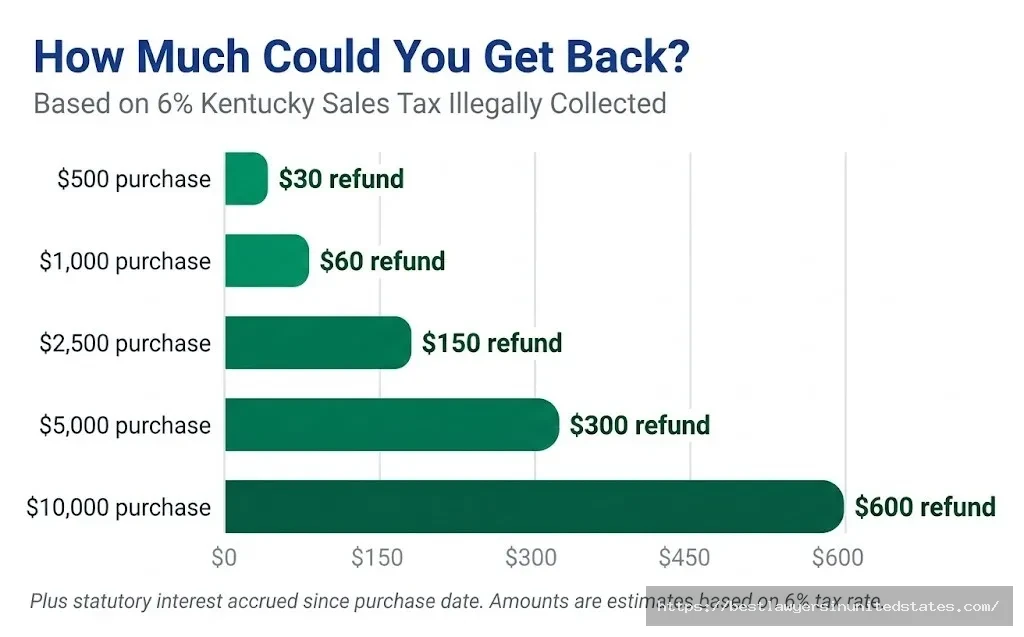 Money Metals Exchange lawsuit refund chart showing 6% Kentucky tax recovery from $30 on $500 purchase to $600 on $10,000 purchase