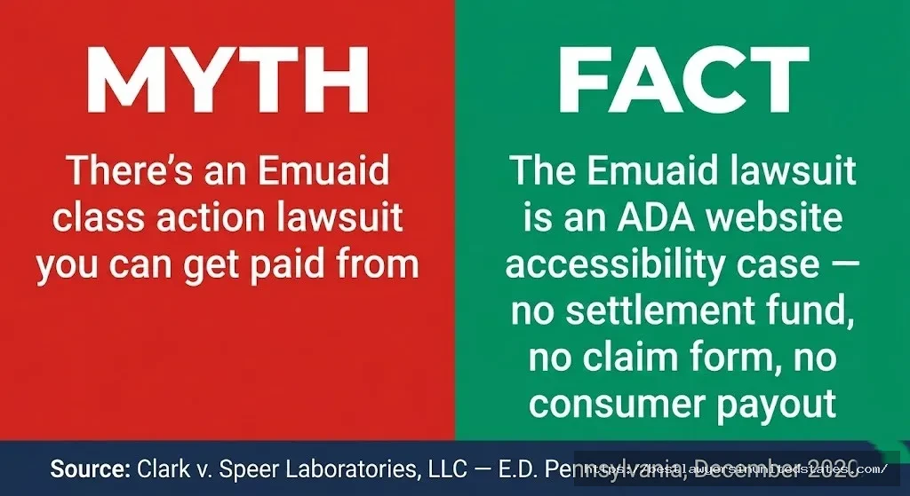 Myth vs fact graphic — the Emuaid lawsuit is an ADA case, not a class action settlement