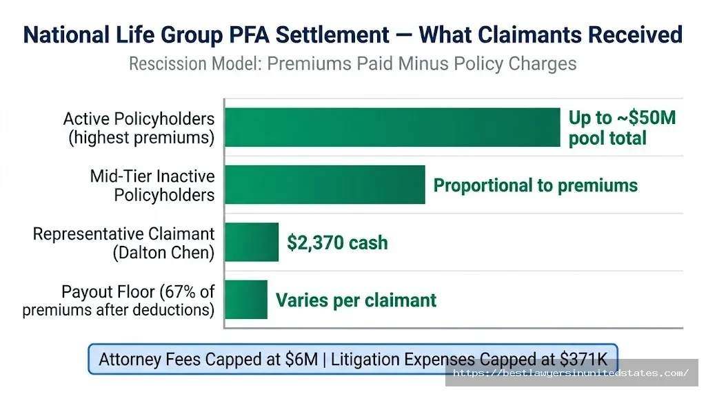 National Life Group PFA settlement payout chart $50M pool; representative claimant received $2,370; 67% of premiums after deductions