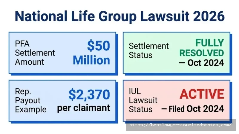 National Life Group lawsuit overview $50M pyramid scheme settlement resolved Oct 2024; IUL case active 2026