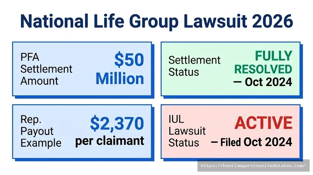 National Life Group lawsuit overview $50M pyramid scheme settlement resolved Oct 2024; IUL case active 2026