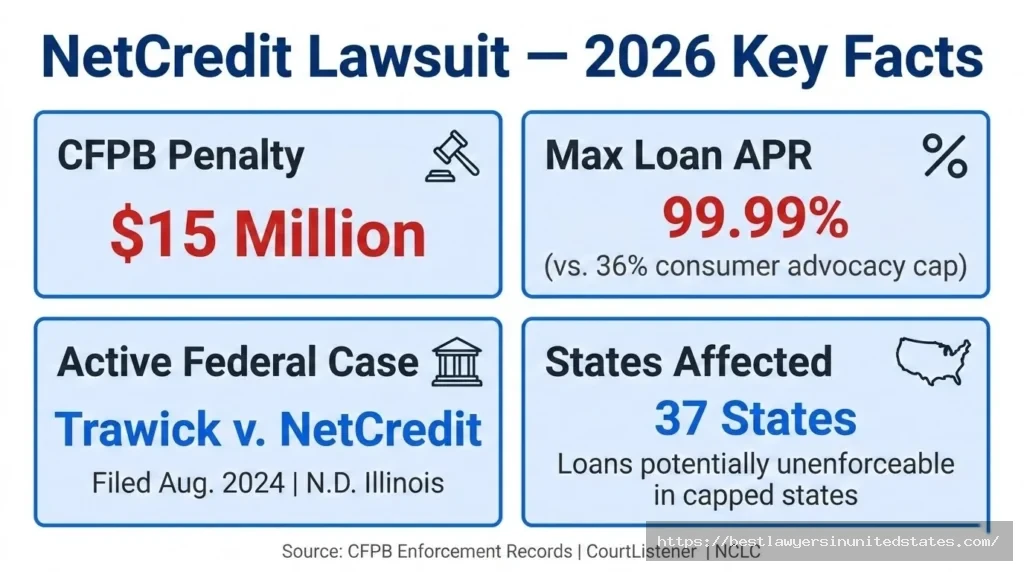 NetCredit lawsuit 2026 overview $15M CFPB penalty, 99.99% APR, active federal class action in Illinois