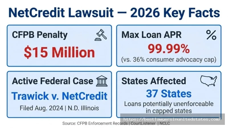 NetCredit lawsuit 2026 overview $15M CFPB penalty, 99.99% APR, active federal class action in Illinois