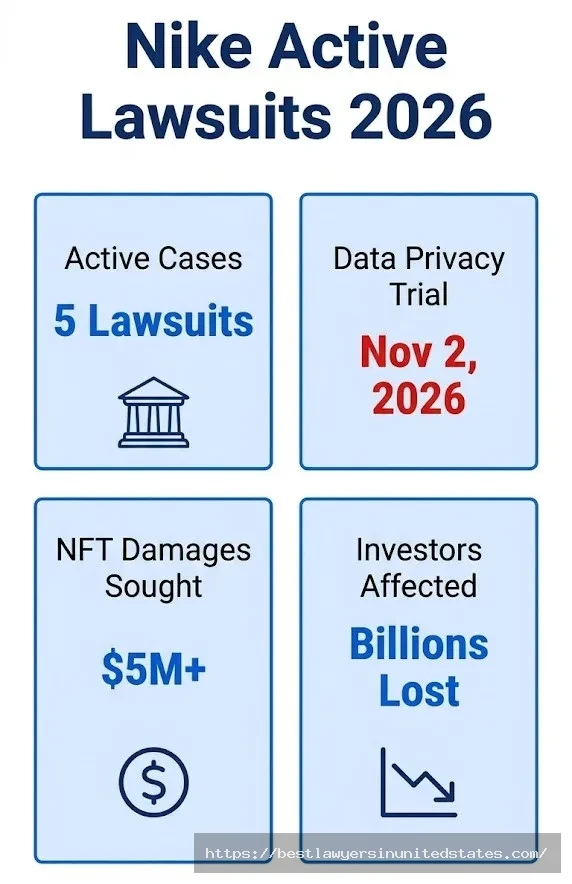 Nike lawsuit 2026 overview — 5 active cases including data privacy trial Nov 2, 2026 and $5M NFT claim