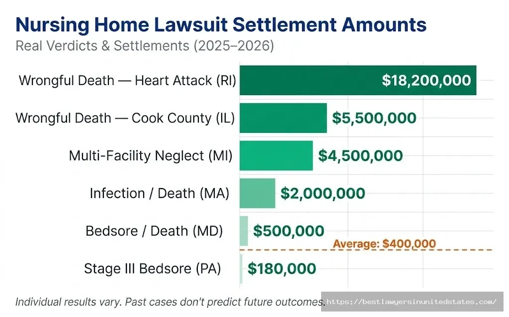 Nursing home lawsuit settlement chart ranges from $180K to $18.2M, with $400K average reference line