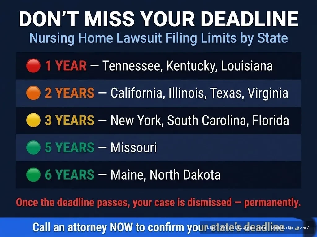 Nursing home lawsuit statute of limitations by state — 1 year in TNKYLA up to 6 years in MEND