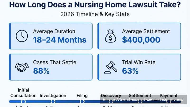 Nursing home lawsuit timeline infographic 18–24 months avg, $400K settlement, 88% settle out of court