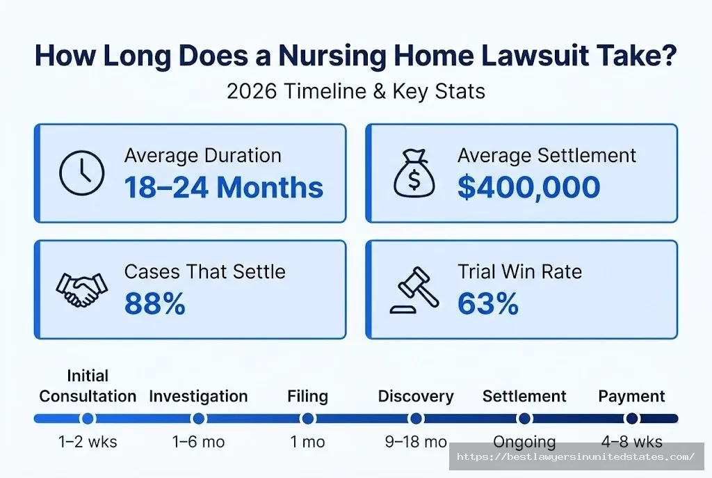 Nursing home lawsuit timeline infographic 18–24 months avg, $400K settlement, 88% settle out of court