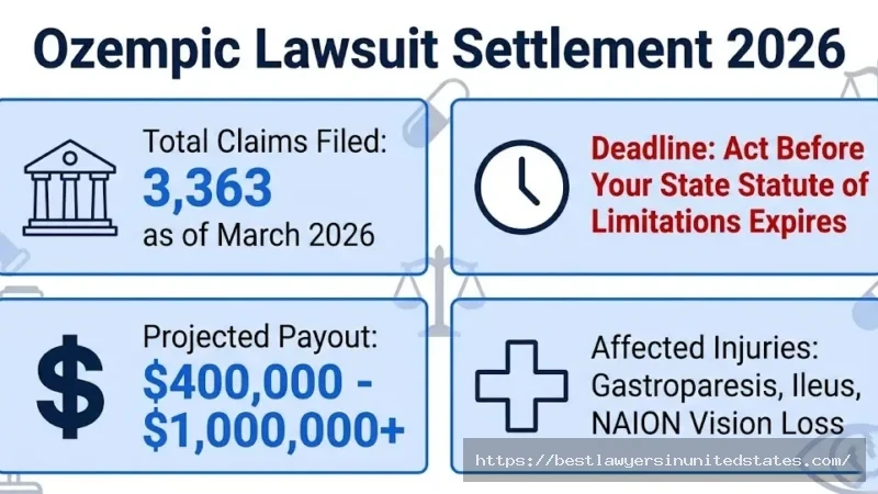 Ozempic lawsuit settlement overview showing 3,363 claims, $400K-$1M+ payout range, and active 2026 MDL status