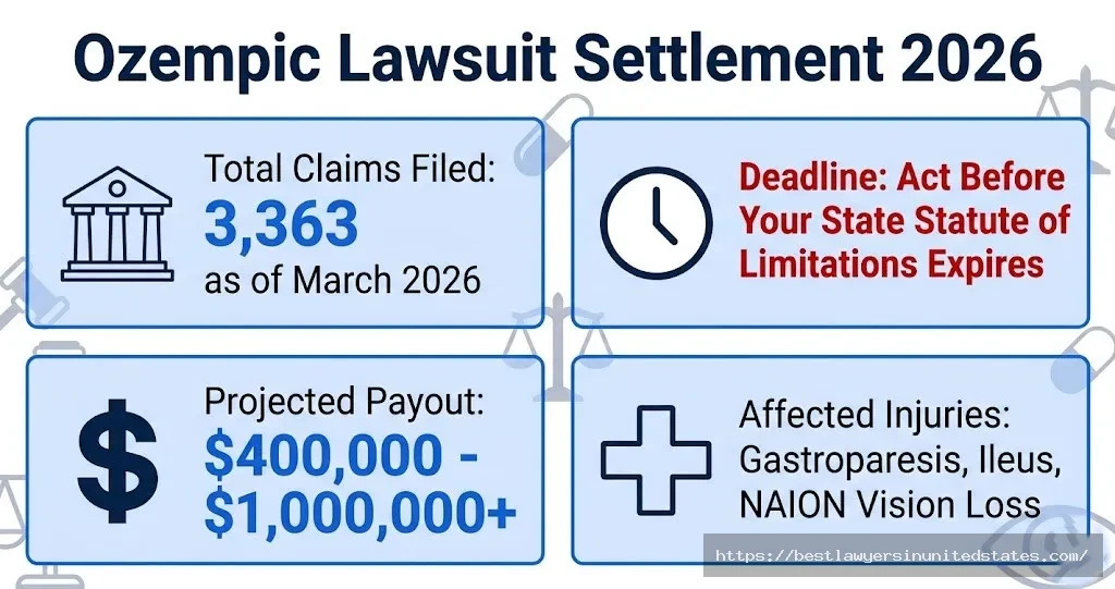 Ozempic lawsuit settlement overview showing 3,363 claims, $400K-$1M+ payout range, and active 2026 MDL status
