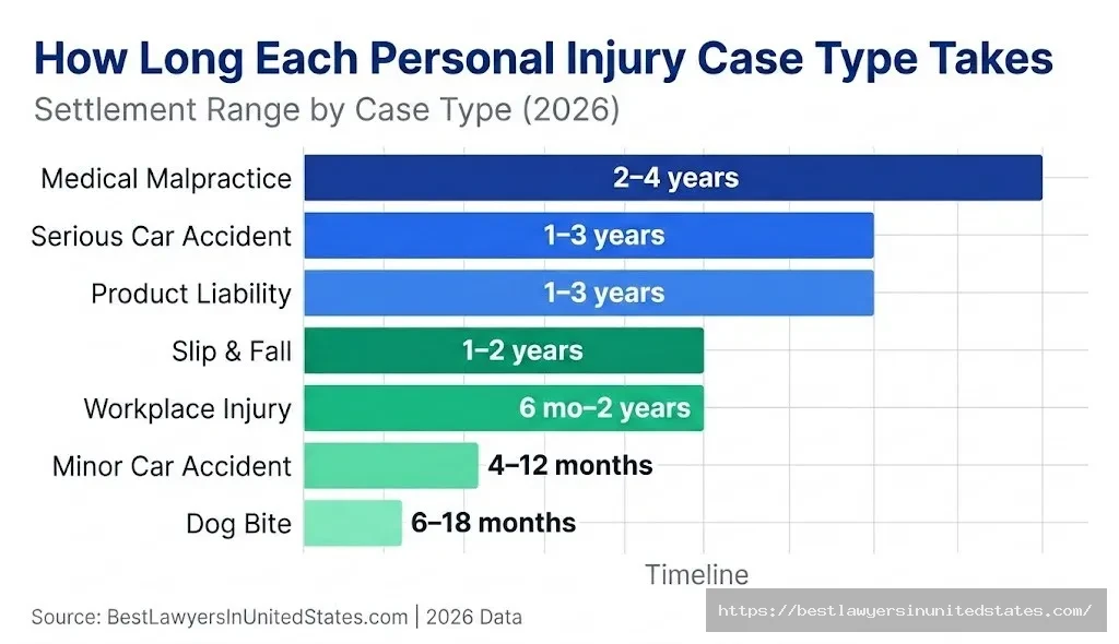Personal injury case timeline by type medical malpractice 2–4 yrs, car accidents 4 mo–3 yrs, slip and fall 1–2 yrs