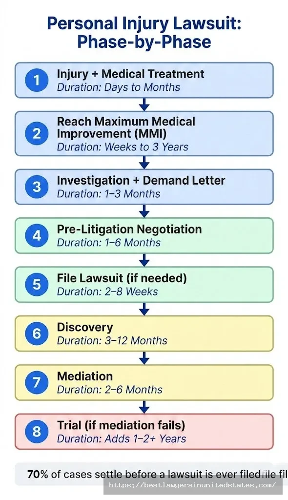 Personal injury lawsuit phases from injury and MMI through demand, discovery, mediation, and trial with durations