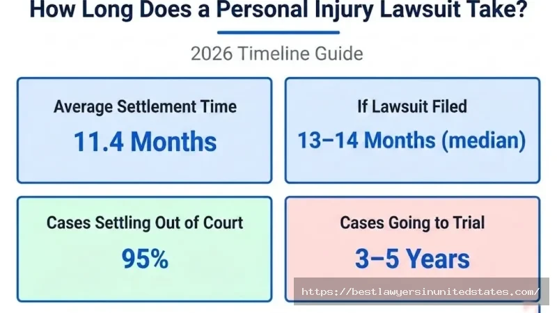 Personal injury lawsuit timeline stats 11.4 month average, 95% settle out of court, 13-14 month median after filing