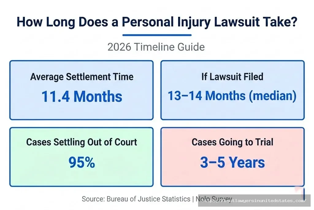 Personal injury lawsuit timeline stats 11.4 month average, 95% settle out of court, 13-14 month median after filing