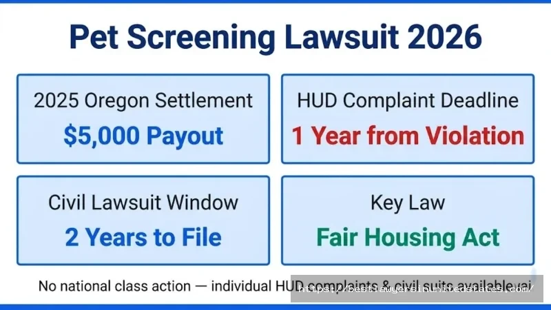 Pet screening lawsuit 2026 overview $5,000 Oregon settlement, 1-year HUD deadline, Fair Housing Act rights