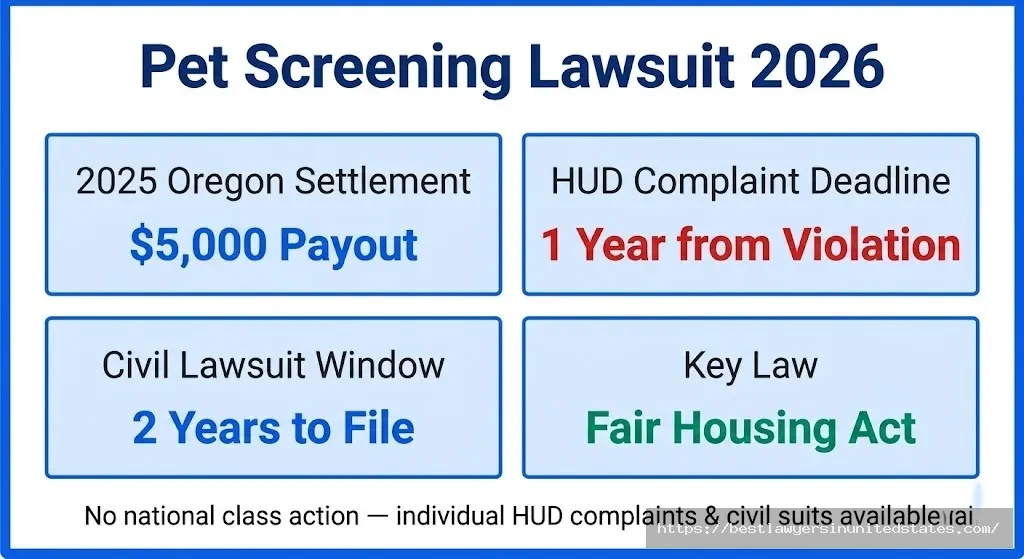 Pet screening lawsuit 2026 overview $5,000 Oregon settlement, 1-year HUD deadline, Fair Housing Act rights