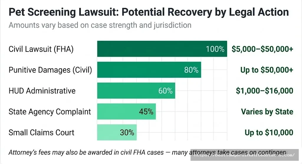 Pet screening lawsuit recovery chart showing HUD complaint, civil lawsuit, and state agency payout ranges by action type