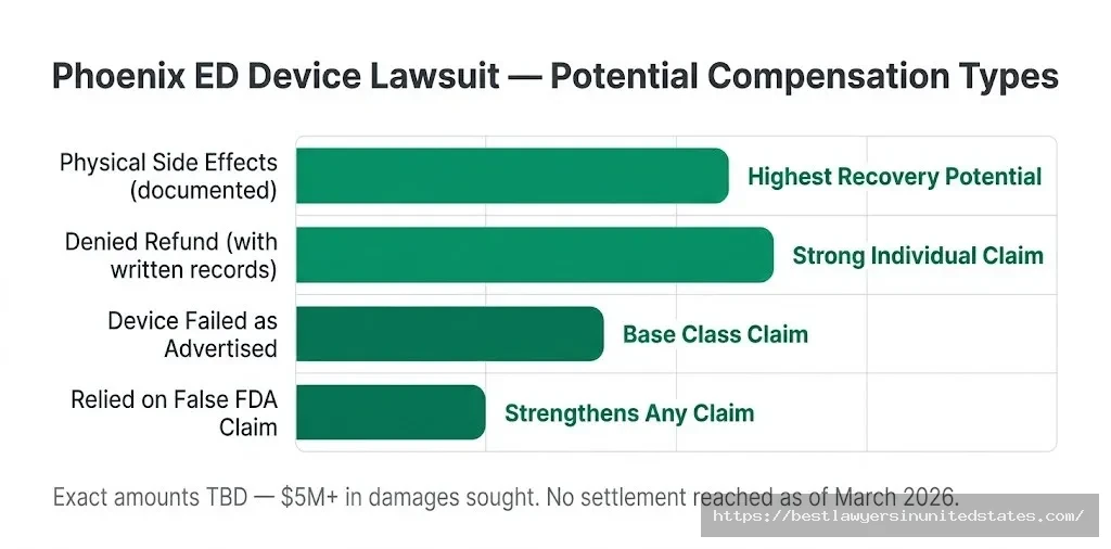 Phoenix ED device lawsuit compensation breakdown — side effects and denied refunds carry highest recovery potential
