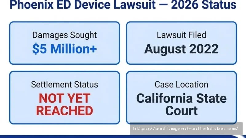 Phoenix ED device lawsuit overview $5M sought, filed August 2022 in California, no settlement reached yet