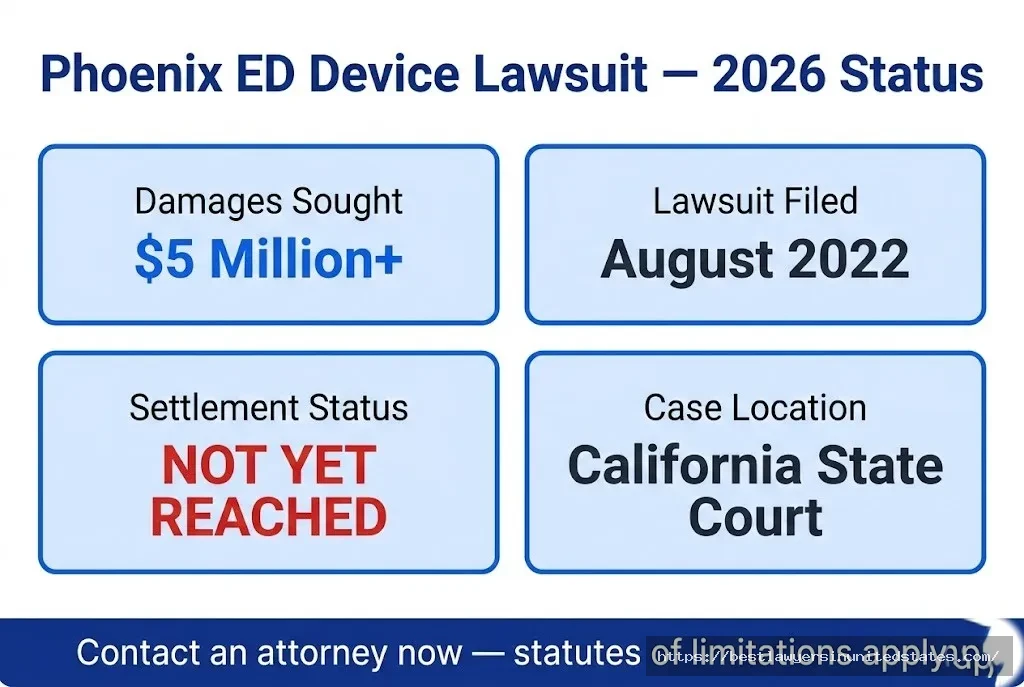 Phoenix ED device lawsuit overview $5M sought, filed August 2022 in California, no settlement reached yet