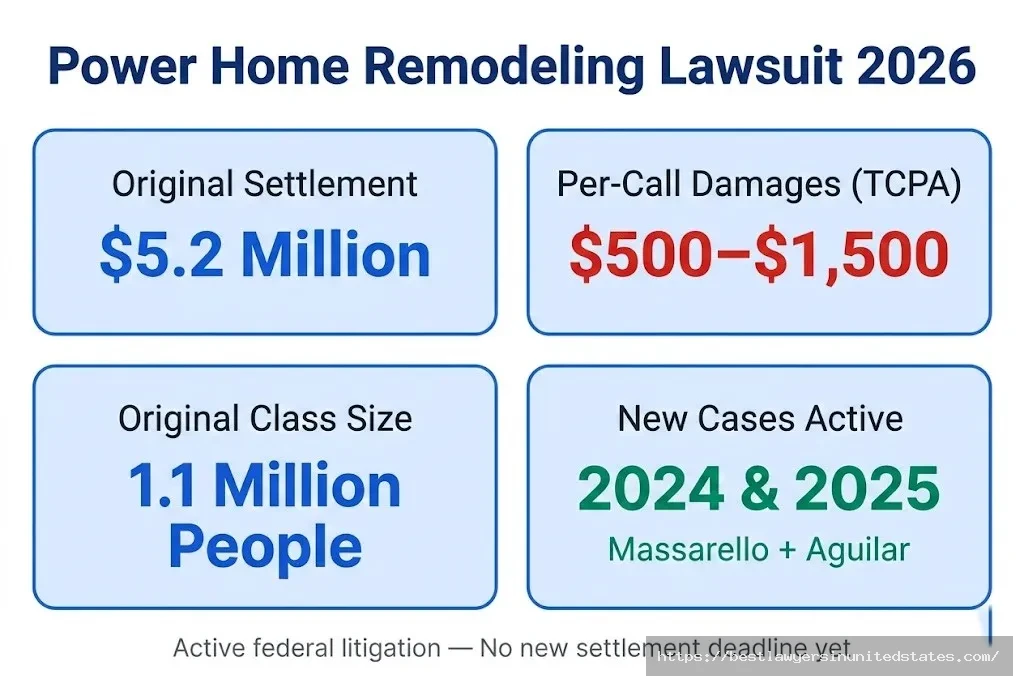 Power Home Remodeling lawsuit overview $5.2M original settlement, $500–$1,500 per call, 1.1M class, new 2025 cases active