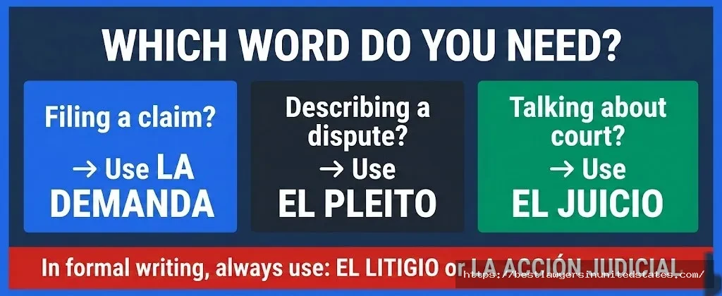 Quick guide use la demanda for filing, el pleito for disputes, el juicio for court, el litigio for formal writing