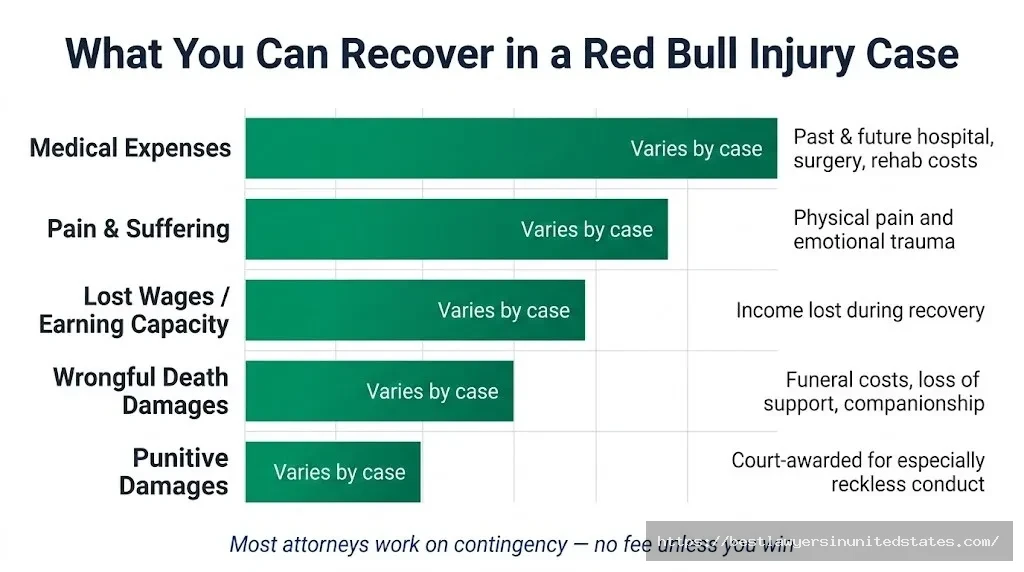 Red Bull injury lawsuit compensation categories medical expenses, pain and suffering, lost wages, wrongful death, and punitive damages