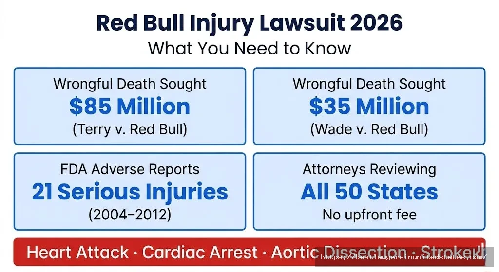 Red Bull injury lawsuit overview $85M and $35M wrongful death cases, 21 FDA adverse reports, attorneys reviewing all 50 states